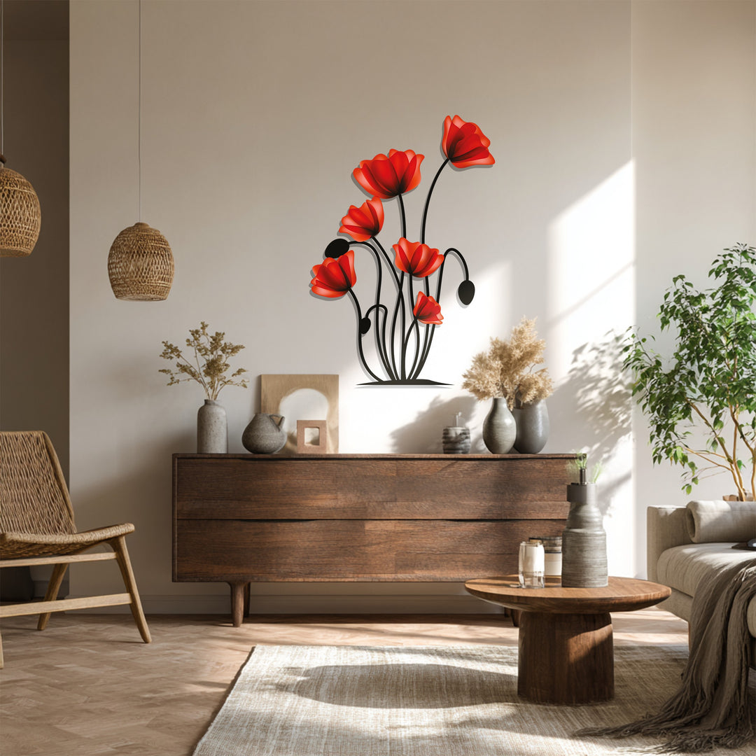 Red is the dominant color in this striking metal wall decor featuring poppy flowers, a modern floral botanical design perfect for a touch of metal wall decor.