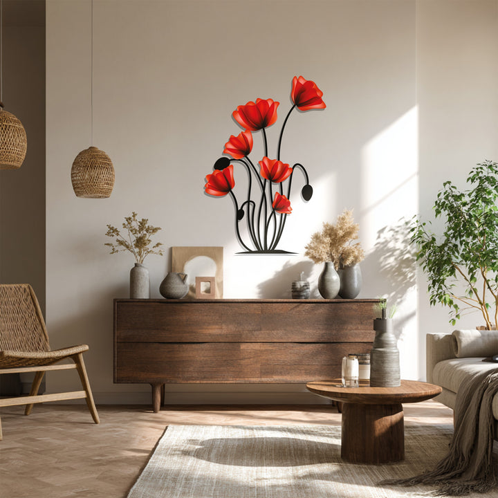 Red is the dominant color in this striking metal wall decor featuring poppy flowers, a modern floral botanical design perfect for a touch of metal wall decor.