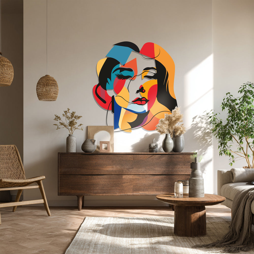 Contemporary female portrait metal wall decor in bold colors