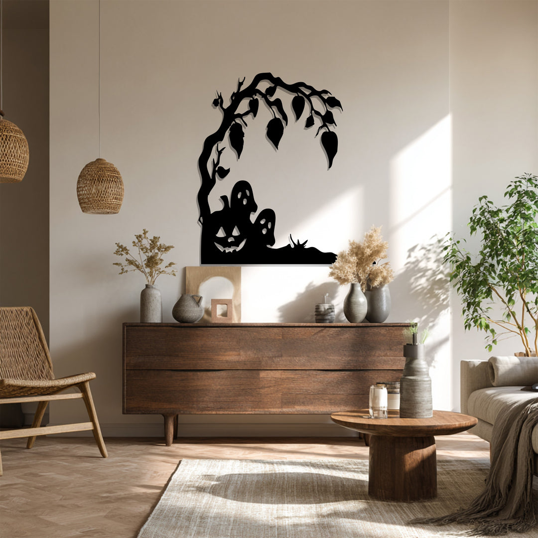 Haunted Pumpkin & Ghosts Metal Wall Art – Spooky Halloween Décor