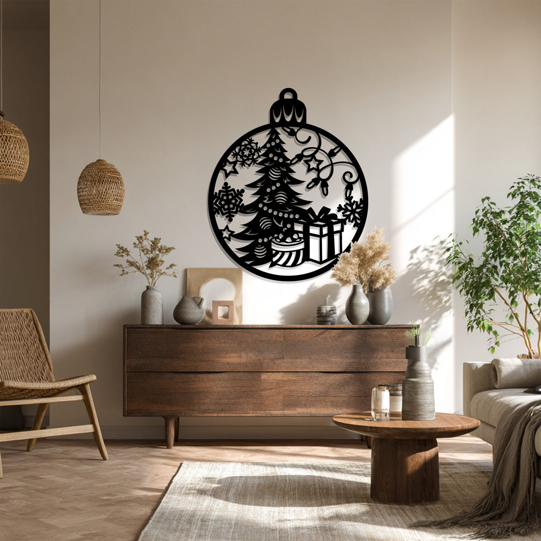 توهج احتفالي – شجرة عيد الميلاد وهدية فن جداري معدني