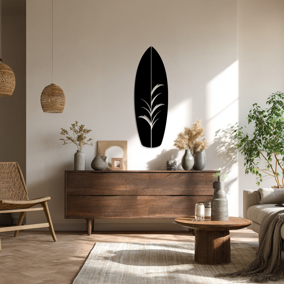 Modern black metal surfboard wall décor