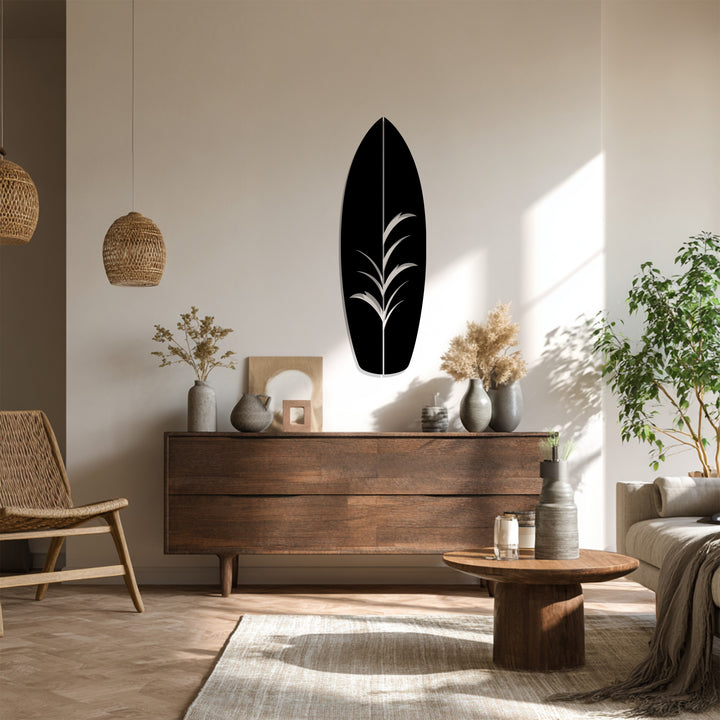 Modern black metal surfboard wall décor