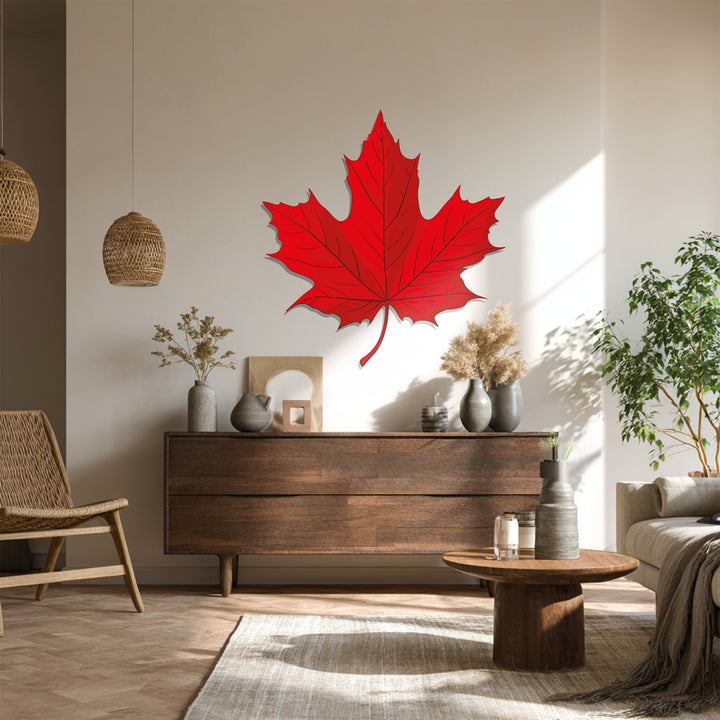 Depicting the darkest area of the room, the unique metal wall art appears to cast subtle shadows underneath the vividly colored red maple leaf.