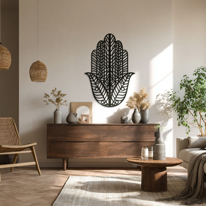 Geometric Hamsa design metal wall hanging in black