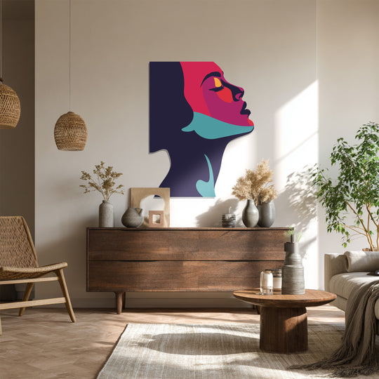 Gleaming, this unique metal wall art presents a detailed, vibrant abstract woman silhouette, showcasing a fusion of modern artistry and colorful decor.