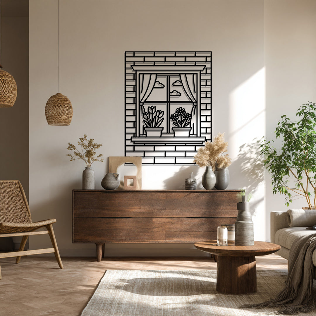 Floral Window Scene – Decorative Metal Wall Art with Curtains & Flowers