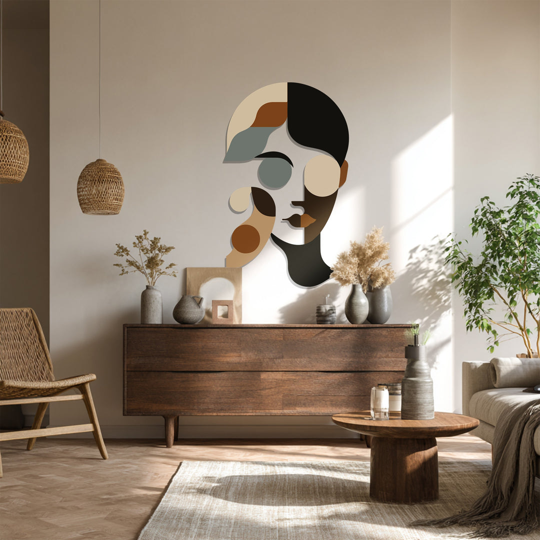 Modern geometric female face metal wall sculpture — Scandinavian-style wall art