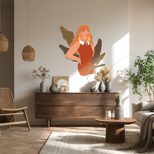 Intricate surface texture highlights the decorative metal art in this modern wall art piece featuring a boho woman with elegant lines and earthy tones.