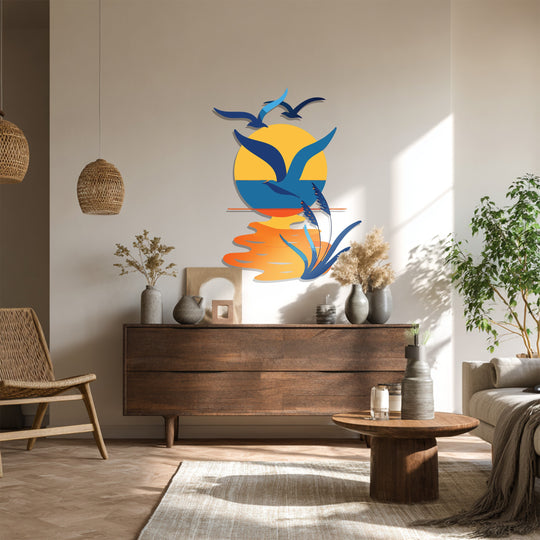 Geometric sunset and birds decoration wall art presents a captivating interplay of circles, triangles, and curves, crafting a harmonious coastal design.