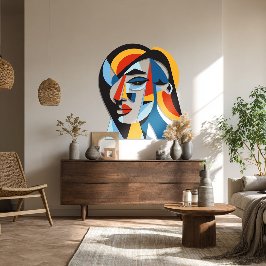 Modern abstract metal wall décor featuring colorful cubist female portrait with bold shapes
