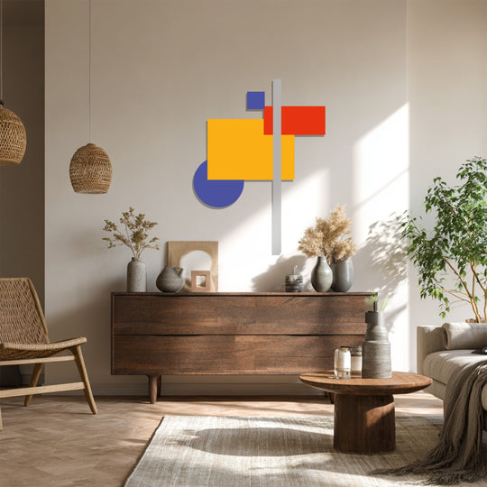 Sunlight highlights the decoration wall art, showcasing an abstract composition of geometric shapes and color blocks in this modern home decor.