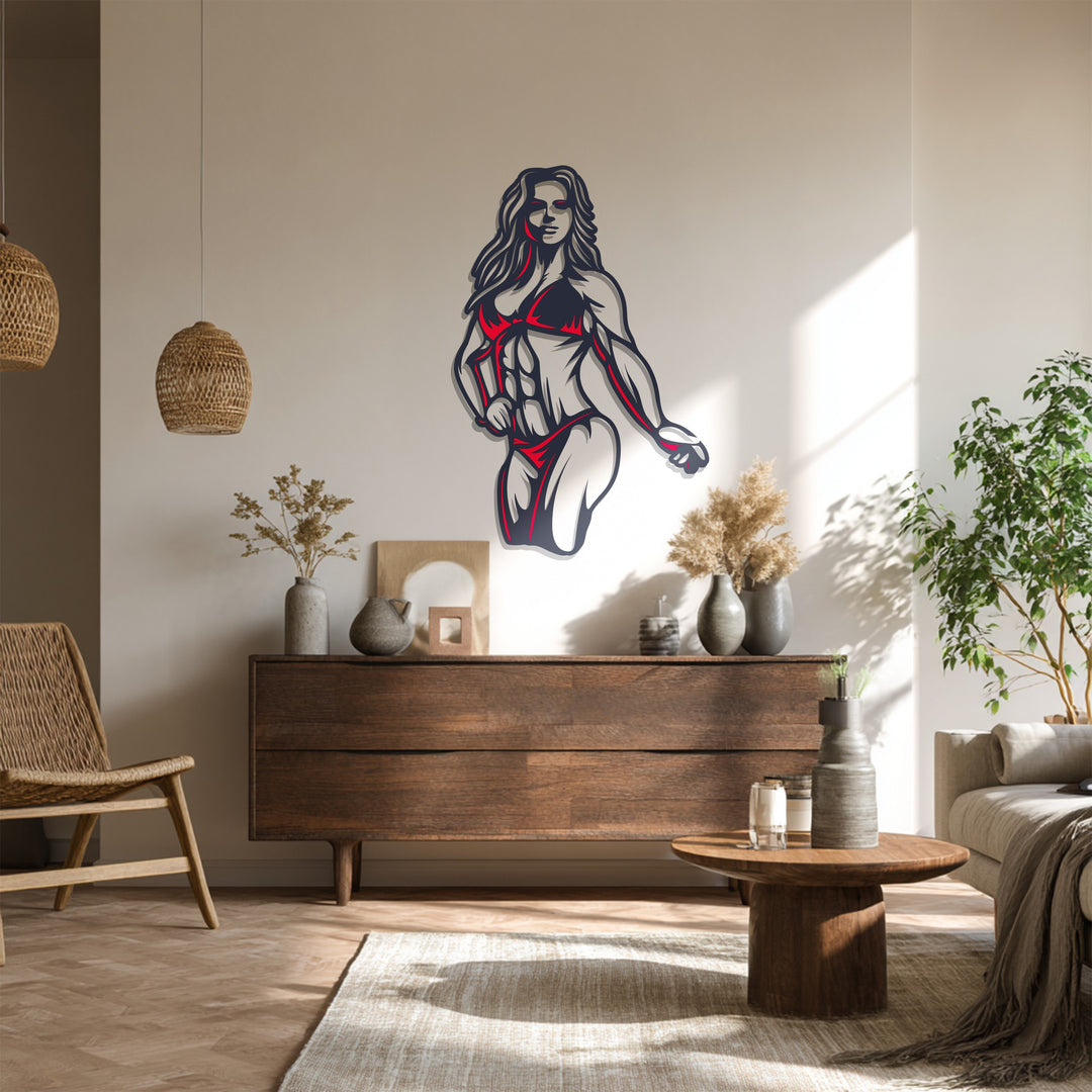 Modern gym-inspired metal wall decor featuring strong female figure