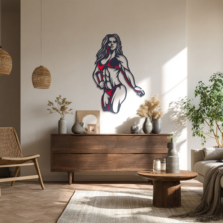 Modern gym-inspired metal wall decor featuring strong female figure