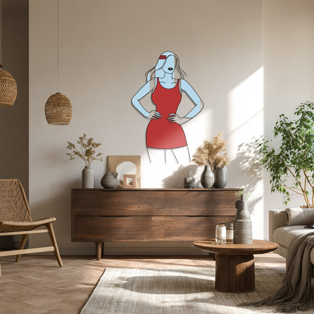 Elegant Woman in Red Dress Metal Wall Art – Modern Minimalist Home Decor