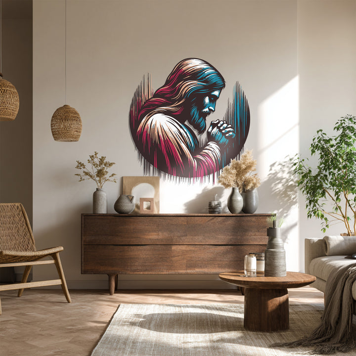 Christian-inspired metal wall decor depicting prayer and faith