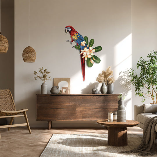 Negative space surrounds this tropical parrot metal wall art, emphasizing the exotic bird and flower design as a truly unique metal wall art piece.