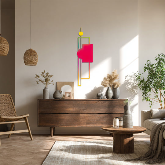 The sunlit rug offers the softest contrast to this unique metal wall art, highlighting the colorful, minimal geometric lines in this piece of unique metal wall art.