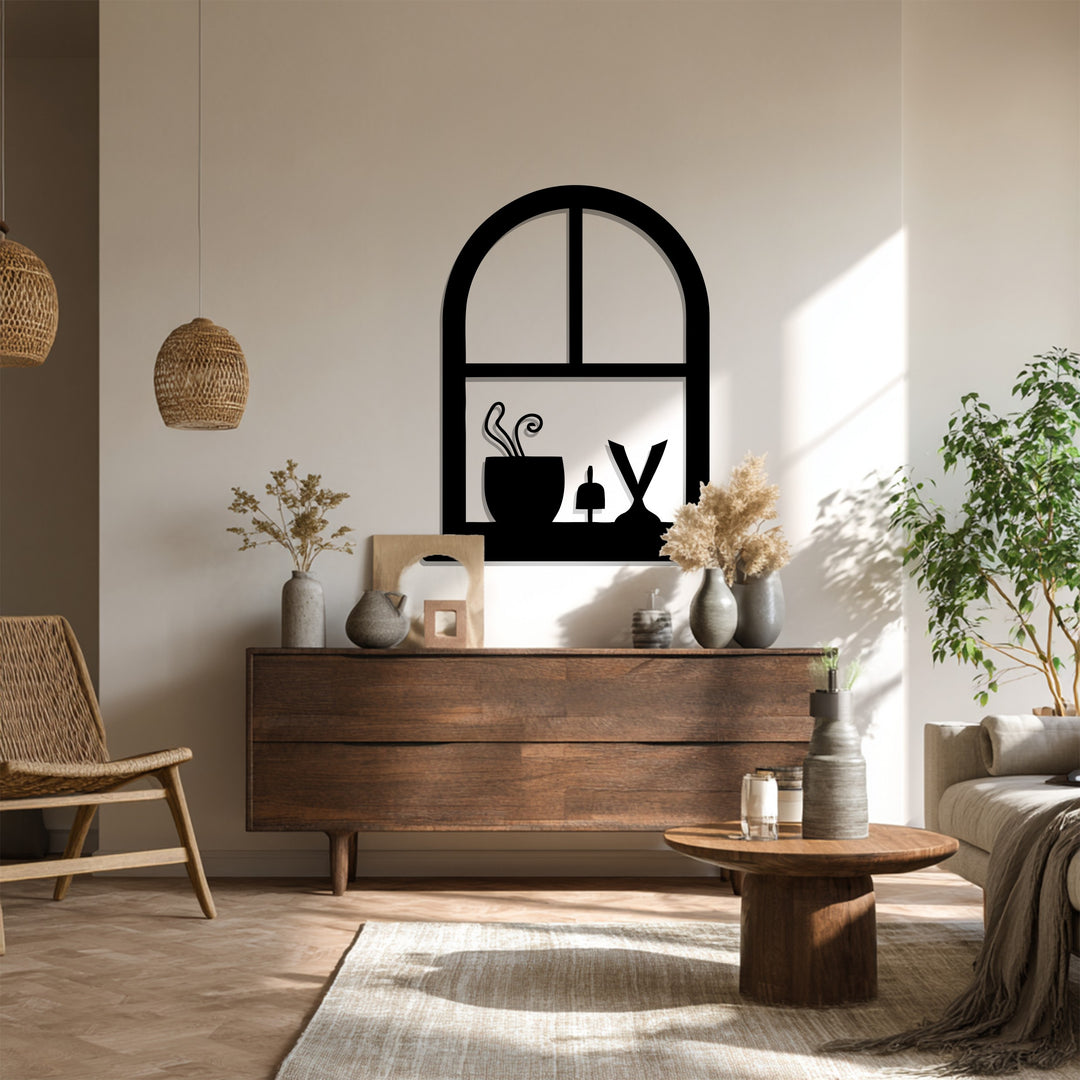 Arched Window Frame with Potted Plant – Minimalist Metal Wall Art Decor