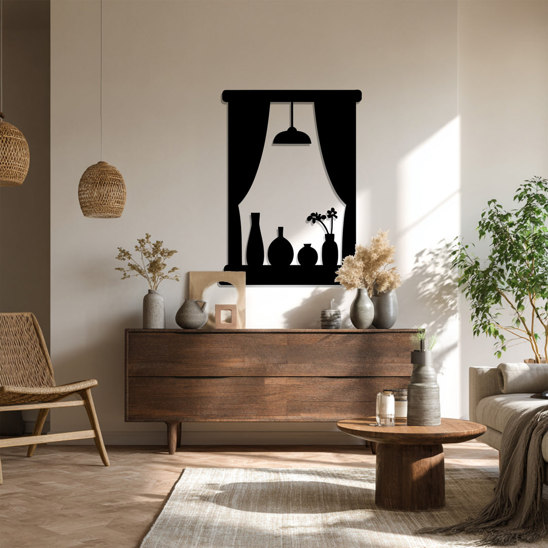 Window Scene with Vases and Lamp – Modern Metal Wall Art Decor