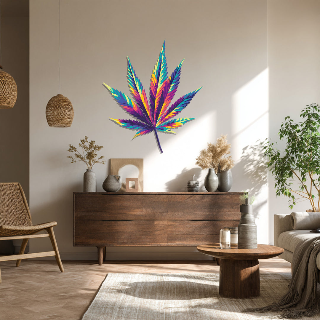 Polished finish enhances the vibrant hues of this psychedelic cannabis leaf metal wall decor, creating a visually striking abstract metal wall art.
