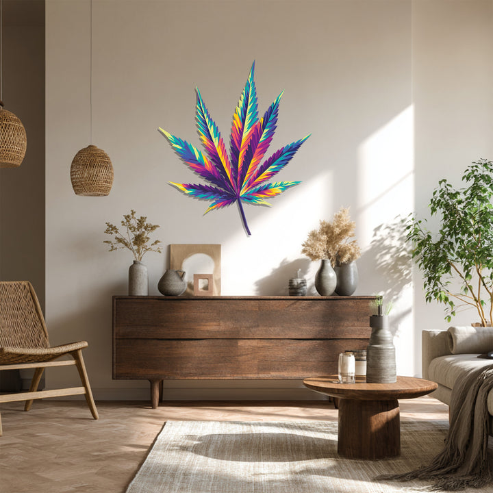 Polished finish enhances the vibrant hues of this psychedelic cannabis leaf metal wall decor, creating a visually striking abstract metal wall art.