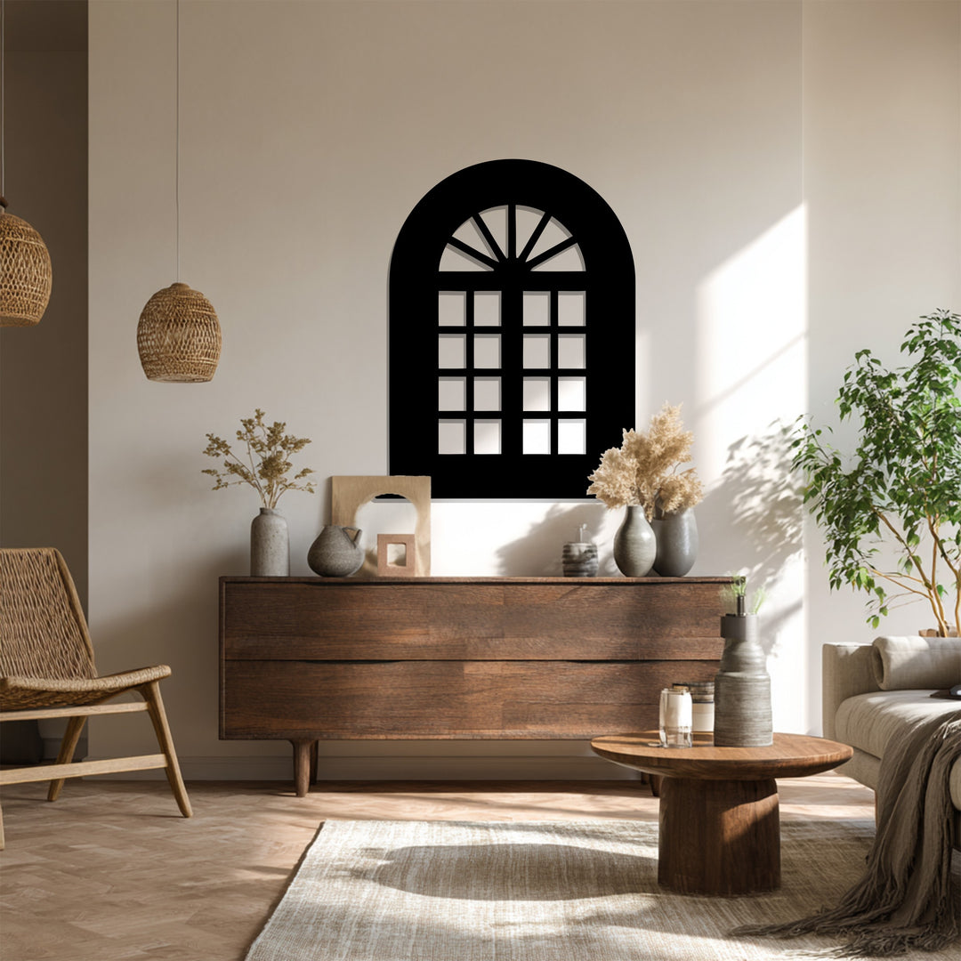 Classic Arched Window – Geometric Grid Metal Wall Art