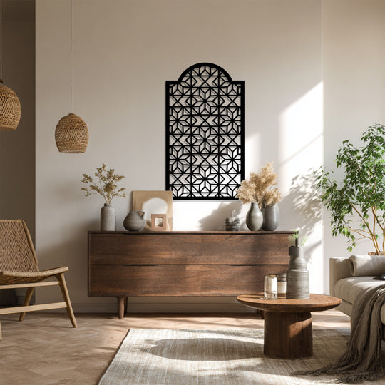 Foreground view highlighting the geometric arch pattern of the Islamic metal wall art, showcasing its unique design and use as decoration wall art.