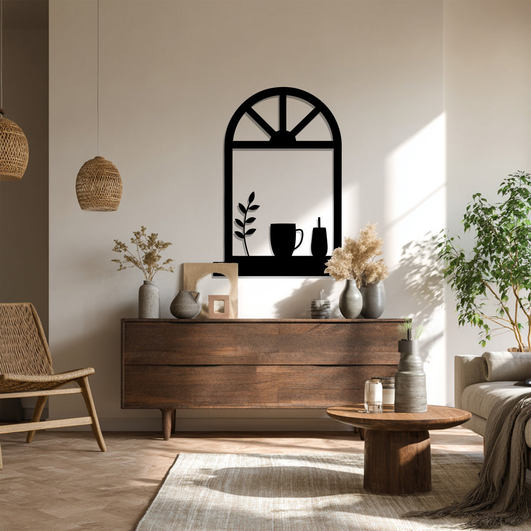 Cozy Window Scene – Coffee Mug & Plant Metal Wall Art
