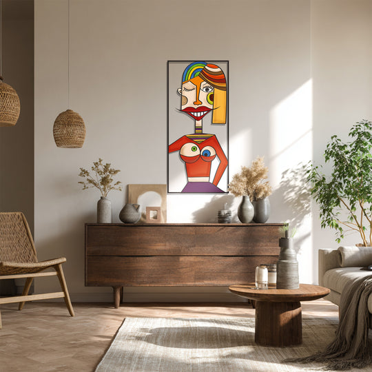 Surface texture of the decorative metal art provides a subtle yet striking contrast in this abstract woman wall art, adding depth to its Picasso-inspired colorful decor.