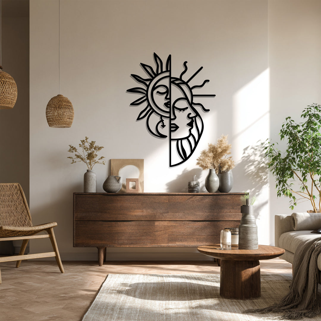 Celestial Harmony – Sun and Moon Face Metal Wall Art