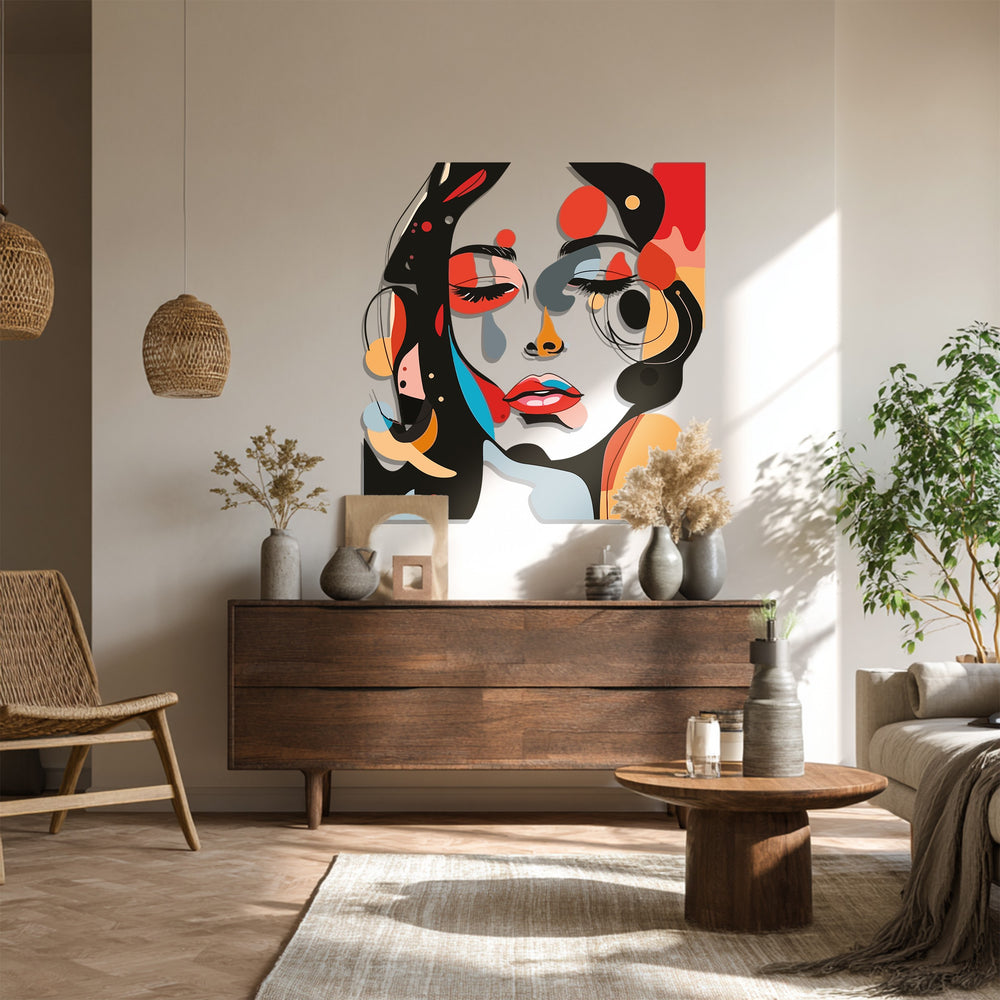 Contemporary female portrait metal wall decor in vibrant colors