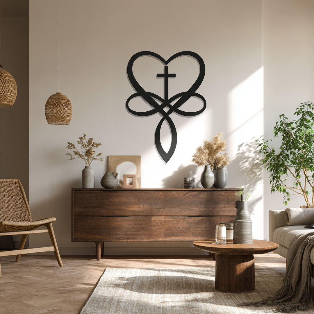 Heart Cross Metal Wall Art – Black Religious Wall Sculpture