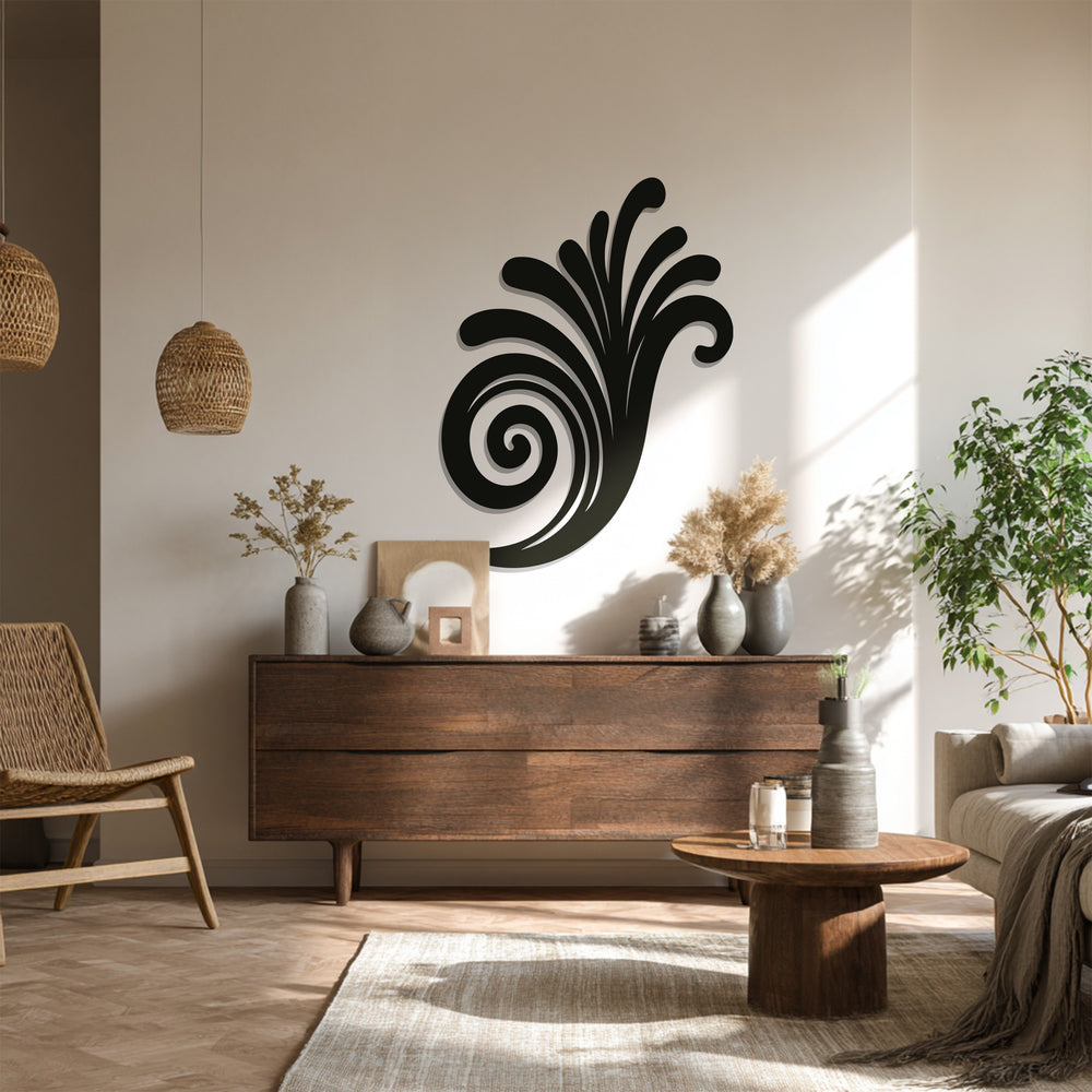 Black swirl and wave metal wall sculpture for interiors