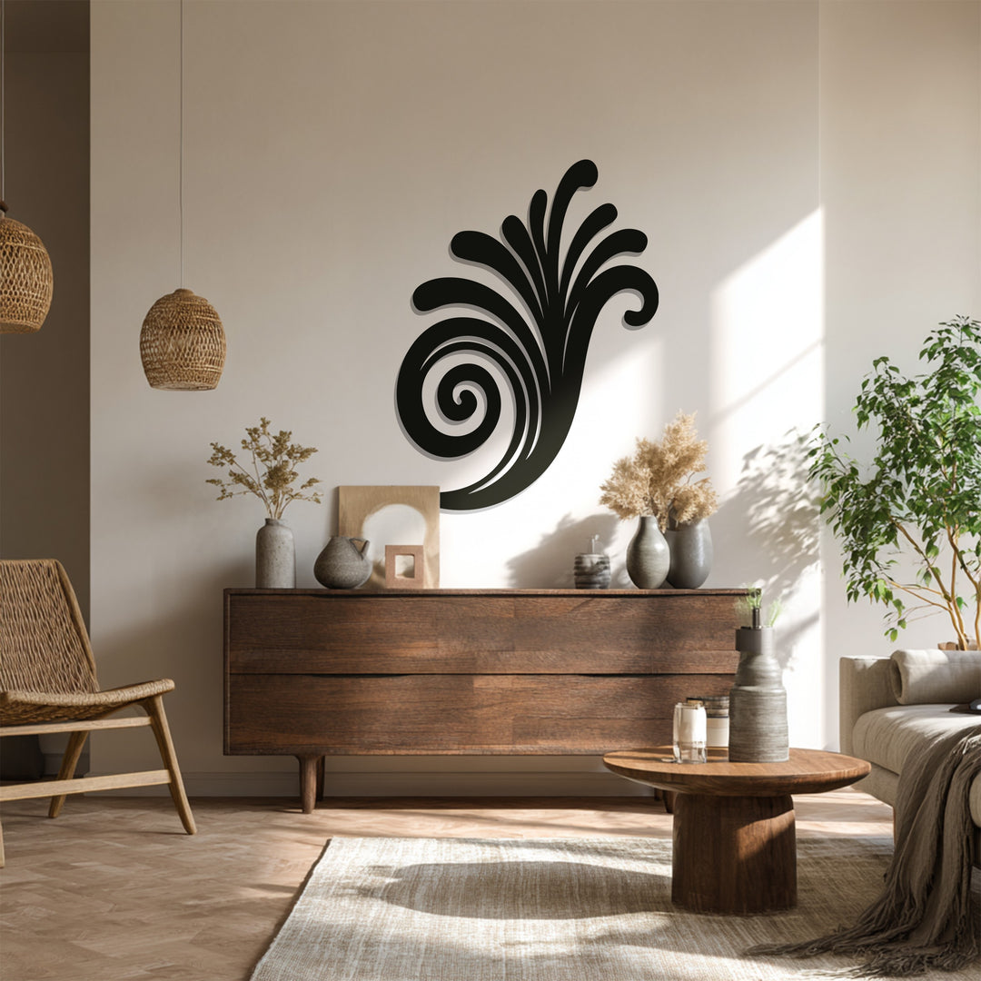 Black swirl and wave metal wall sculpture for interiors