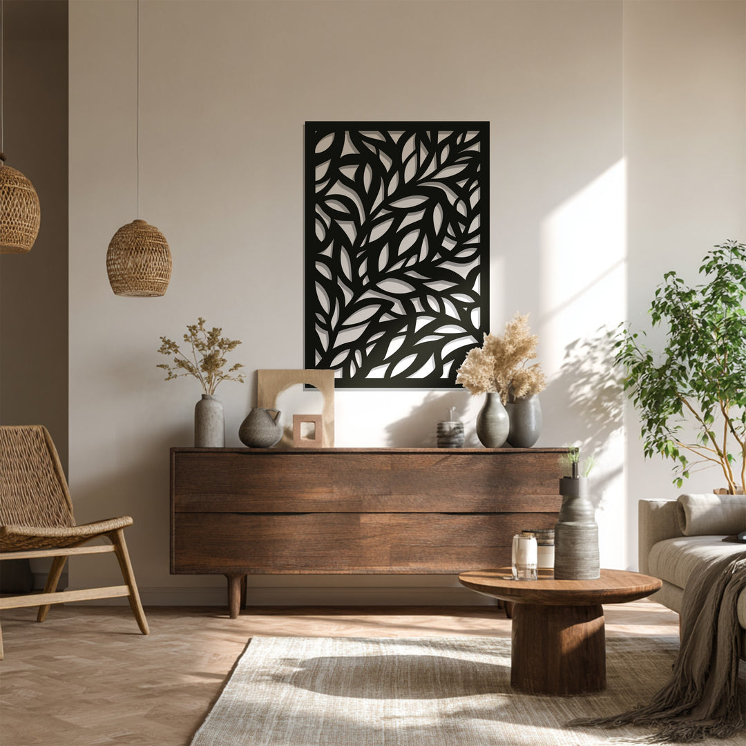 Intricate leaf pattern metal wall sculpture in black design