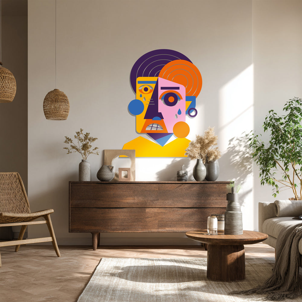 Modern geometric portrait metal wall decor with bold colors