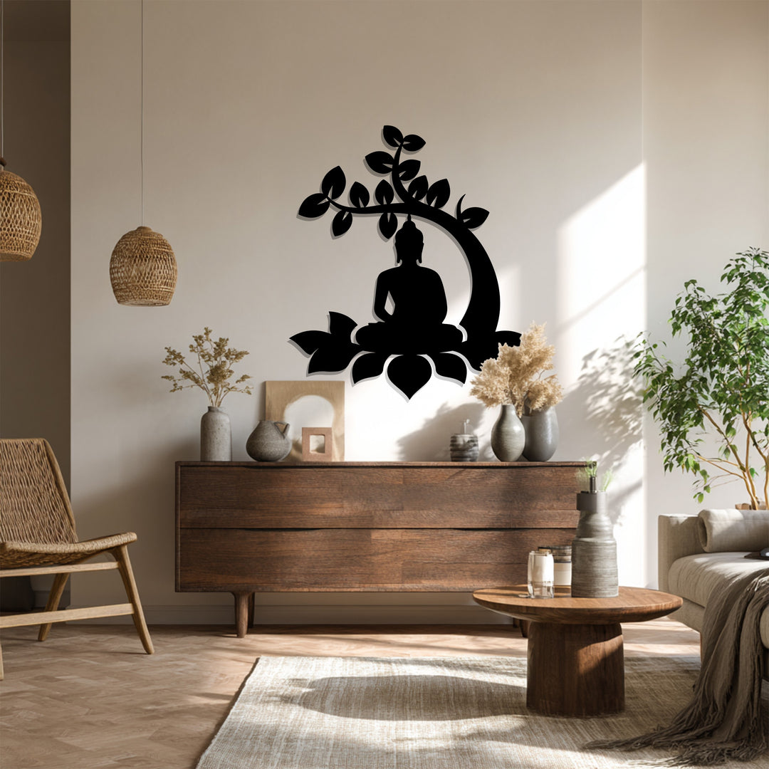Bodhi Tree Buddha Metal Wall Art – Meditative Lotus Silhouette