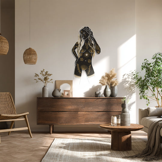 Feminine silhouette metal wall decor with celestial patterns
