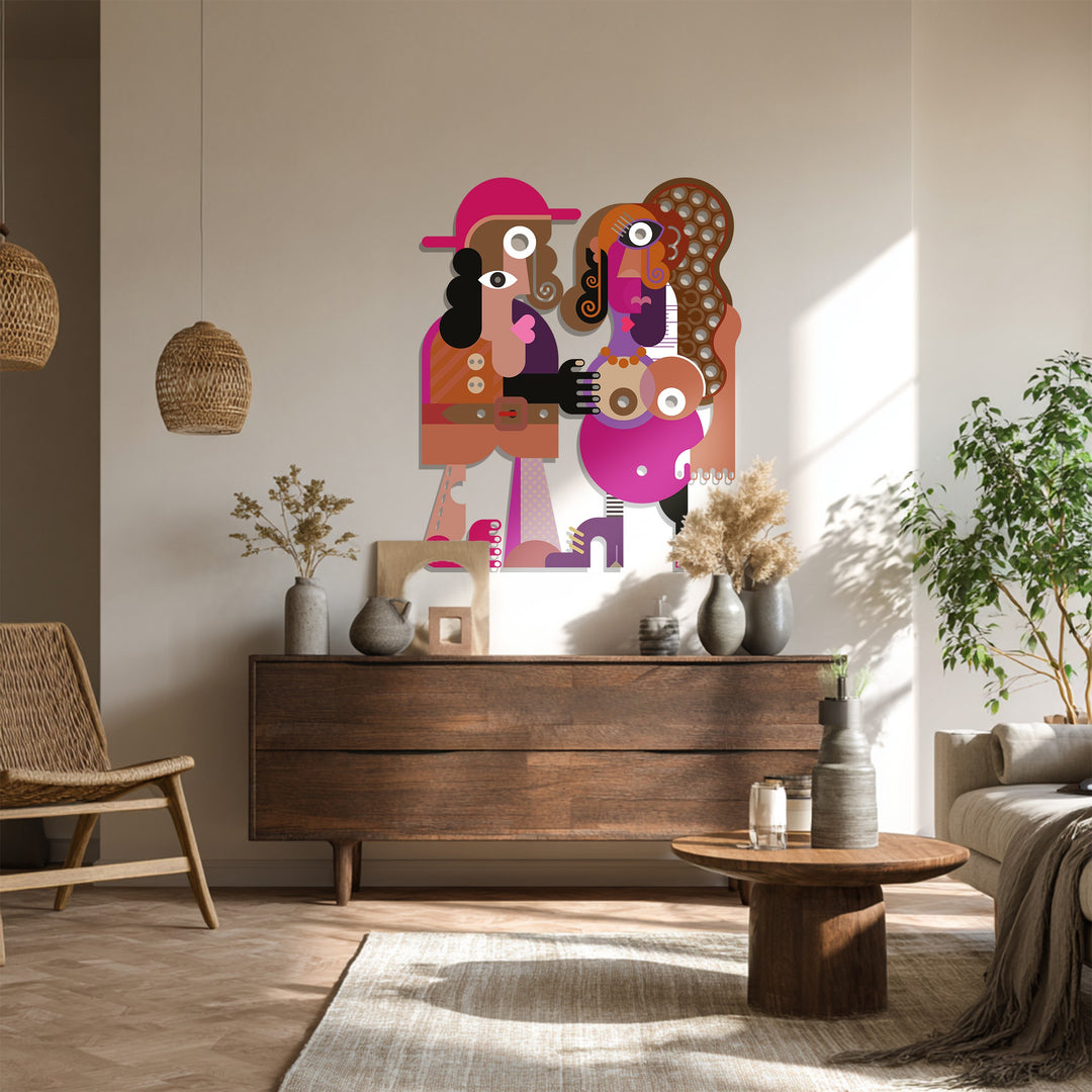 Vibrant geometric couple metal wall decor for creative interiors