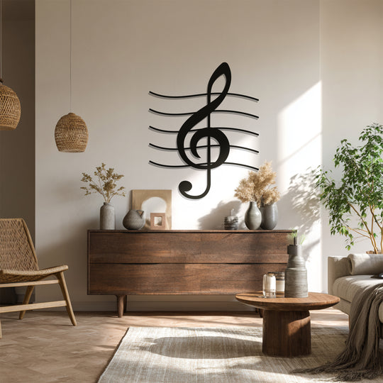 Sunlight streams through the decoration wall art of a treble clef musical note and staff on the neutral wall above a wood dresser.