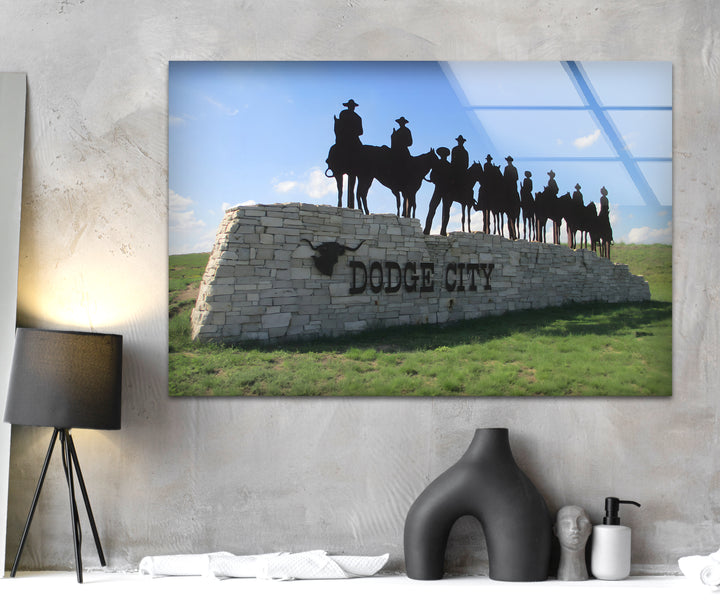 Dodge City: Legendary Cowboy Welcome Sign on Glass Wall Art
