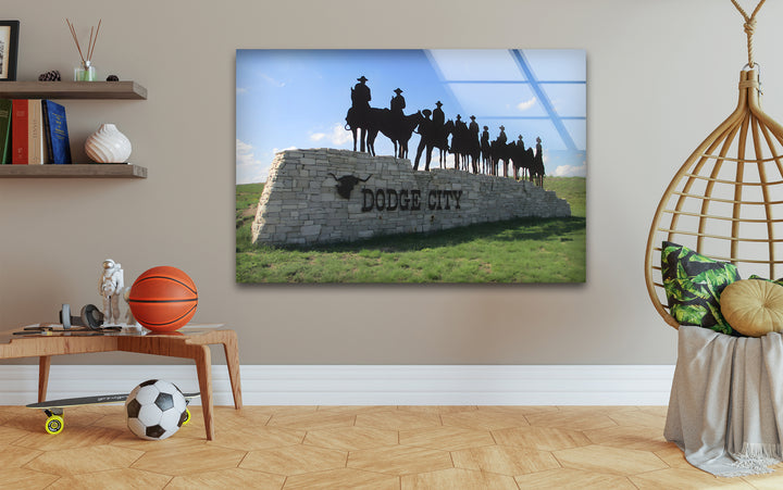 Dodge City: Iconic Cowboy Sign on Glass Wall Art
