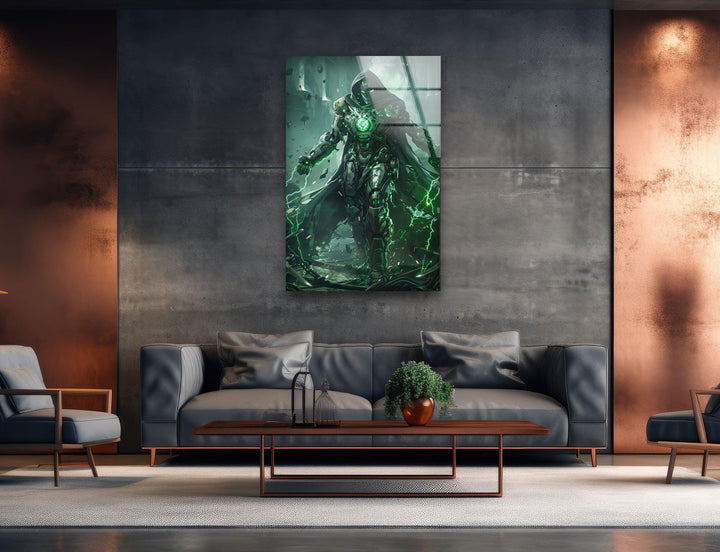 Dr Doom Green Glass Wall Art picture on glass wall art, photos printed on glass
