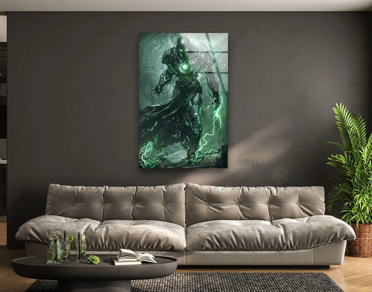 Highlighting the abstract quality, the green energy armored figure is presented as captivating print wall art, offering a unique sci-fi aesthetic through tempered glass.