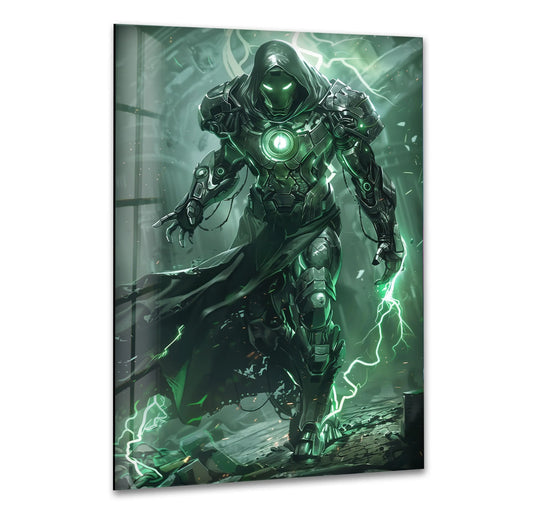 Dramatic color contrast defines this green energy armored figure tempered glass wall art, showcasing a sci-fi warrior amidst striking lightning effects.
