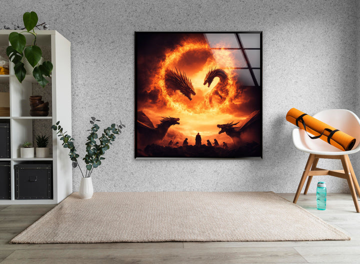 Dragons Flying in The Sky Glass Wall Art custom glass pictures, glass art prints
