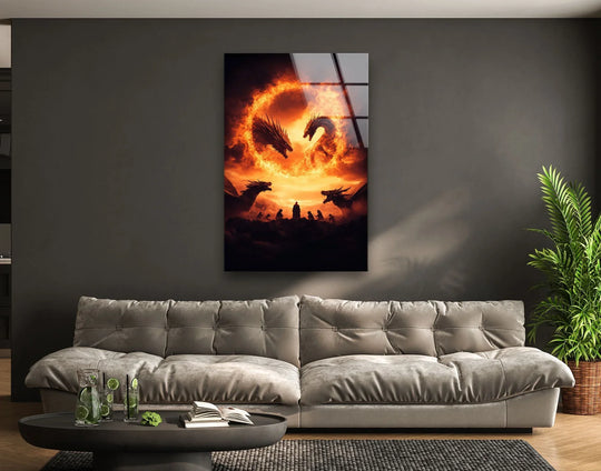 A dark, expansive wall art piece showcases dragons amidst fiery clouds, creating dramatic negative space above a modern sofa.