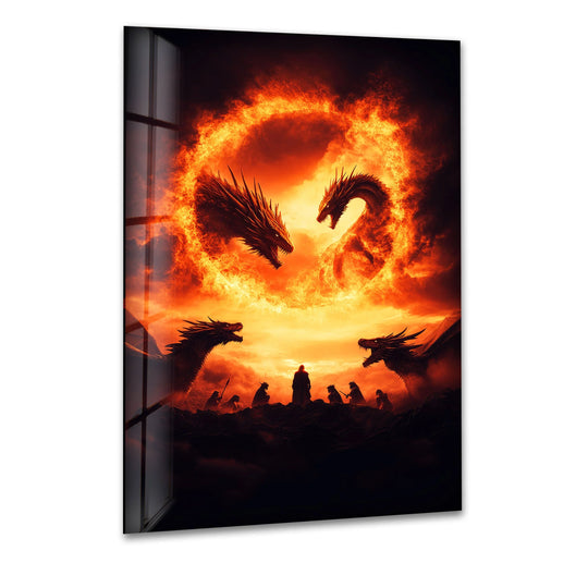 Dragons soar within a fiery sun, a dramatic focal point in this striking glass wall art.