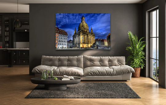 Dresden Frauenkirche, an iconic landmark, captures attention as the loudest element within this stunning glass wall artwork, showcasing a vibrant cityscape.